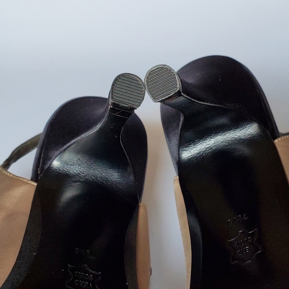 7.5M Linea Paolo Cap Toe Black Beige Olive Green Sling Back Satin Heels Unused - Picture 3 of 10